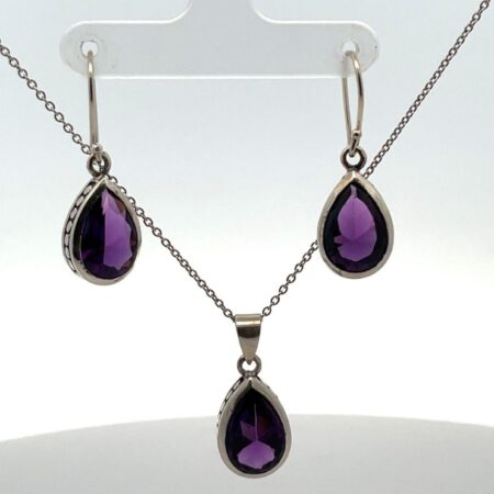 Sterling Silver Teardrop Dangle Earrings w/18”Necklace Amethyst Bezel Set Stones