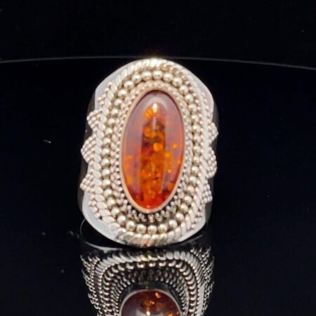 Amber Cabochon Sterling Silver Ring - Size 9, 10.6 Grams