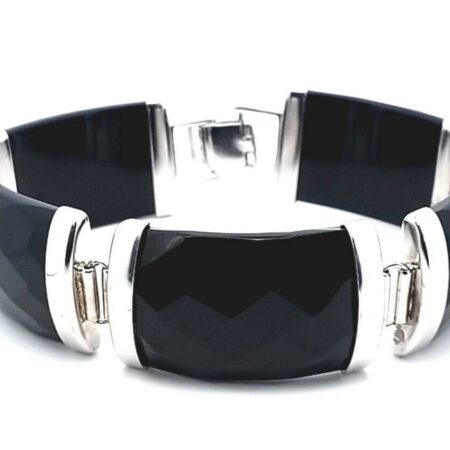 Sterling Silver 19mm Wide Faceted Black Onyx 7.75" Bracelet 44.2 Grams