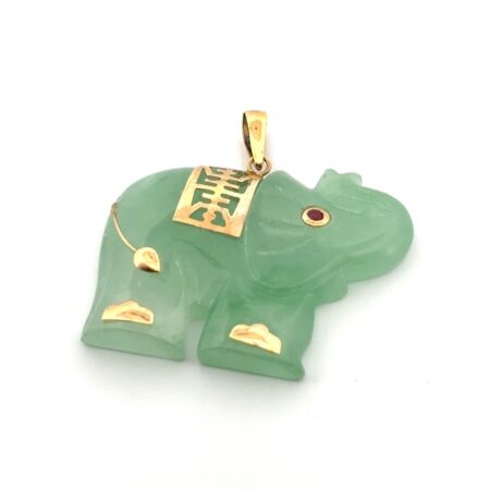 10k Yellow Gold Accented Green Jade Elephant Pendant w/ Ruby Eye