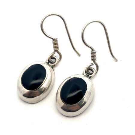 925 Sterling Silver Oval Onyx Dangle Hook Earrings 8.0g