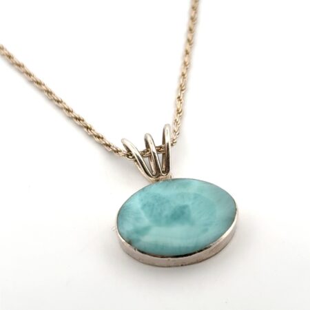 18” - 925 Sterling Silver Oval Larimar Pendant Rope Chain Necklace 12.4g