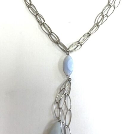 Vintage Oval Link Stainless Steel,Blue Agate 18” Adjustable Necklace w/5” Tassel