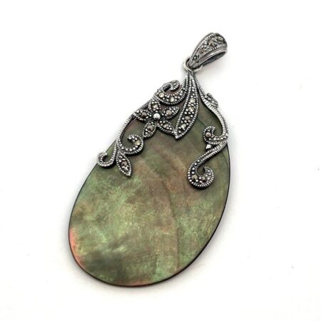 Vintage 925 Sterling Silver Pear Shaped Abalone Shell & Marcasite Pendant 8.3g