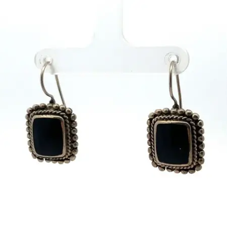 Vintage 925 Sterling Silver Black Onyx Rectangle Dangle Earrings 5.0g