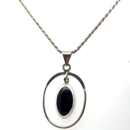Mexico 925 Sterling Silver 18” Rope Chain w/ Floating Oval Onyx Pendant 20.0g