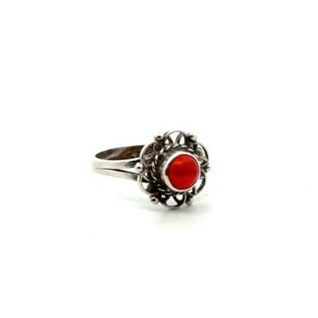 .925 Sterling Silver Red Coral Filigree Ring, Size-5.25, 1.8g