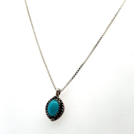 16” 925 Sterling Silver Box Chain w/ Oval Turquoise Cabochon Stone Pendant 3.8g