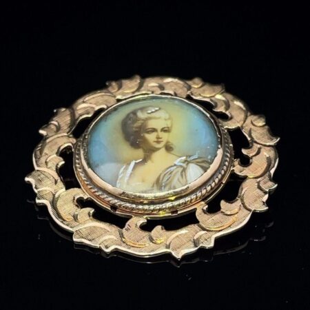 14K Yellow Gold Hand Painted Glass Victorian Woman Brooch
