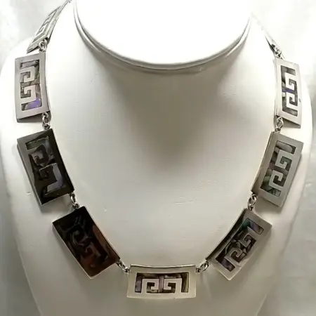Heavy Vintage Abalone Greek Key Panel Link 17.5" Necklace 77.4 Grams