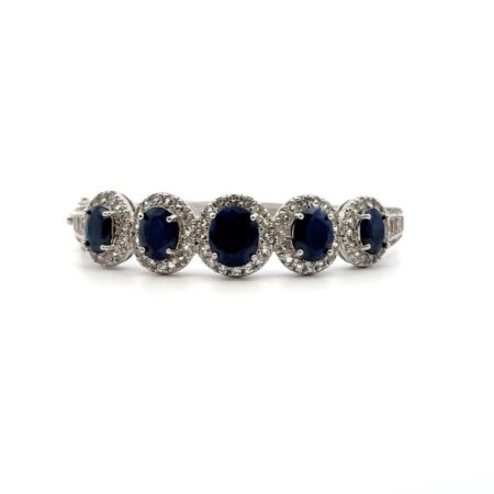 .925 Sterling Silver, Sapphire & White Topaz Hinged Bangle Bracelet - 26.8g
