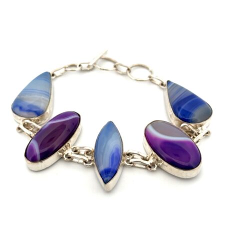 7” - 925 Sterling Silver Blue & Purple Banded Agate Bracelet 35.3g
