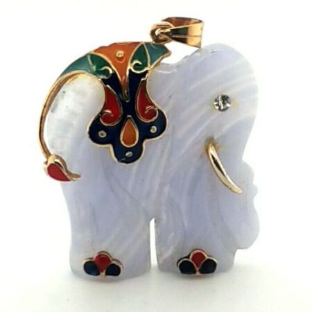 Blue Lace Agate Elephant Pendant with Multi-Color Enamel 7.6 Grams