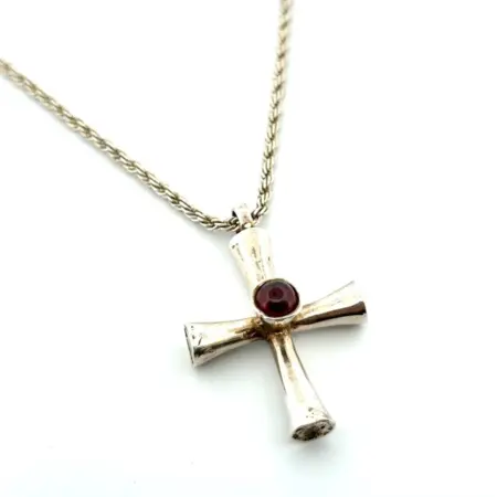 24” 925 Sterling Silver Rope Chain Necklace w/ Cross Garnet Pendant 38.1g