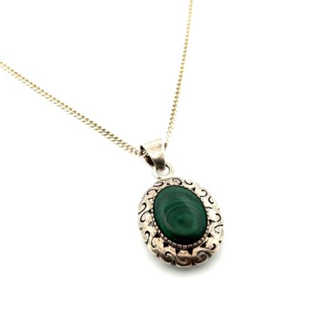 20” Vintage 925 Sterling Silver Oval Malachite Pendant Necklace 10.7g