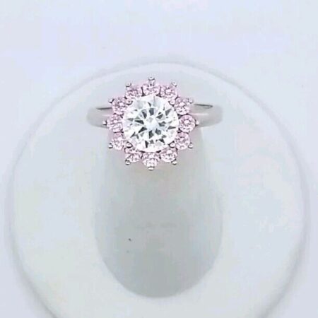 Sterling 12 Round Pink CZ's w/ 1 Large White CZ's Flower Design Ring Size-7.75