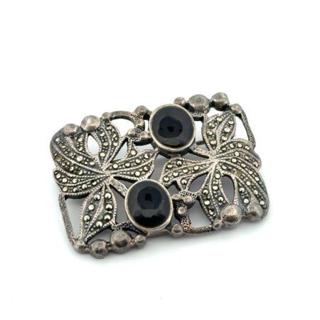 Vintage Taxco Mexico 925 Sterling Silver Onyx & Marcasite Brooch Pin 13.8g