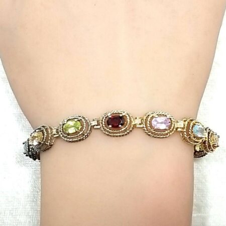 Vintage Sterling Silver 8mm Wide Gold Tone Multi-Color Stones 7.5" Bracelet