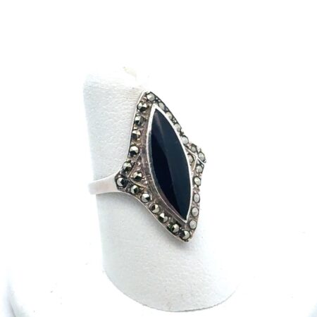 .925 Sterling Silver, Marquise Cut Black Onyx Marcasite Stone Accent Size 6 3.7g