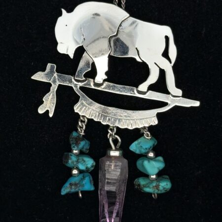 20” 925 Sterling Buffalo Pendant Necklace w/ Turquoise/Amethyst, 10.9g