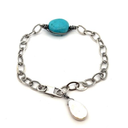 9” Vintage 925 Sterling Silver Turquoise & Coin Pearl Oval Link Bracelet 14.7g