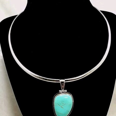 925 Sterling Silver Torque Collar 3mm Wide Necklace w/ Blue Turquoise Pendant