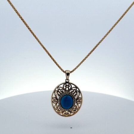 Sterling Silver, Gold Vermeil Turquoise & CZ Filigree Pendant on 30" Rope Chain