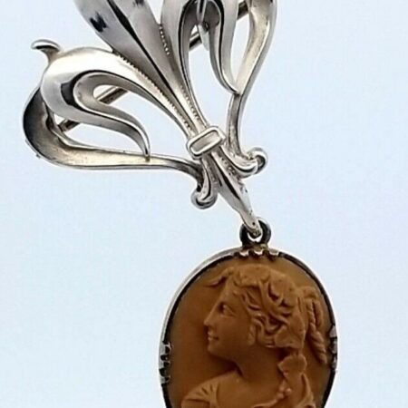 Vintage Lava Cameo Sterling Silver Fleur De Lis Brooch/Pin 5.7 Grams