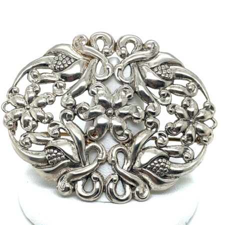 Vintage Sterling Silver Repousse Floral Art Deco Brooch/Pin