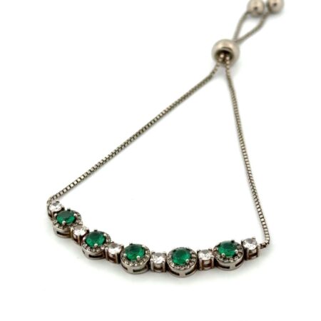 Max 9” Adjustable White & Green CZ Lariat Bracelet 925 Sterling Silver 5g