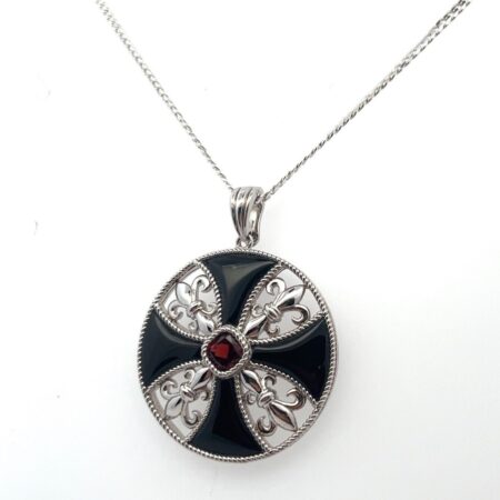 925 Sterling Silver Maltese Cross Fleur De Lis Garnet Stone Pendant 18” Necklace