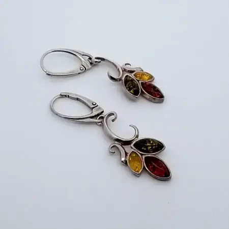 .925 Sterling Silver, Multicolor Amber Drop Earrings, 4.5 grams