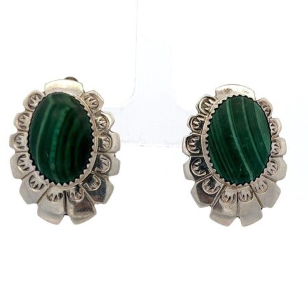 .925 Sterlng Silver Malachite Clip on Earrings 12.1g