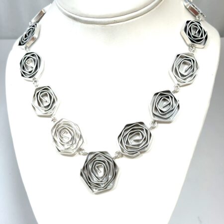 18” Modernist Rose Motif Necklace 925 Sterling Silver Toggle Clasp 97.9g
