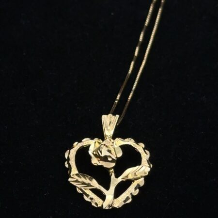 18” 14k Yellow Gold, Rose Heart Pendant Necklace, Box Chain, 2.00g