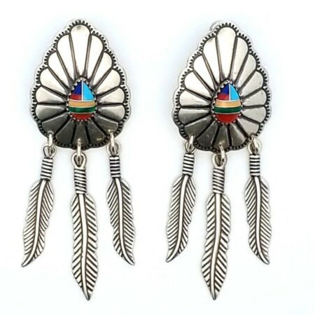 WMCO Navajo Multi-Color Turquoise Inlay Sterling Silver Dangle Earrings