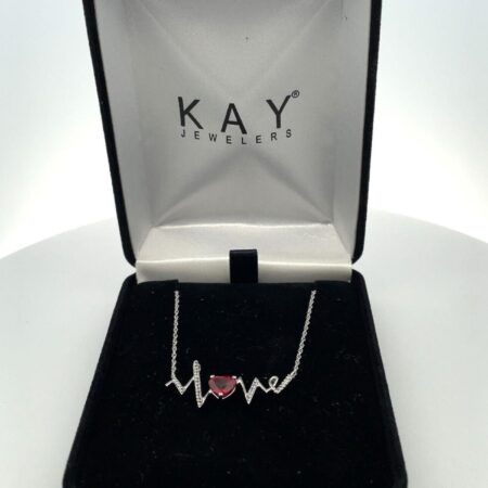 18" Sterling Silver and White Sapphire Love Necklace w/ Lab Created Ruby Heart