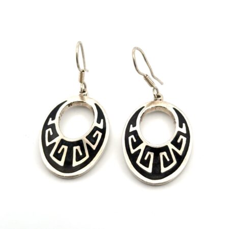 Mexico 925 Sterling Silver Black Enamel Oval Dangle Earrings 13.8g