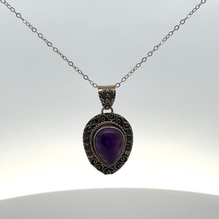925 Sterling Silver, Amethyst Tear Drop Shape Pendant on 18” Chain 6.9 Grams
