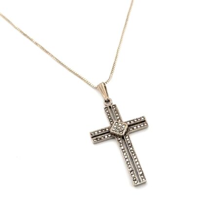 18” - 925 Sterling Silver Marcasite Cross Pendant Box Chain Necklace 4.9g