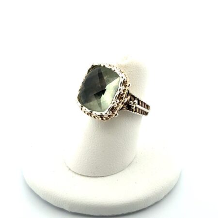 Size: 5.5 Thailand 925 Sterling Silver & 14k Gold Cushion Prasiolite Ring 8.7g