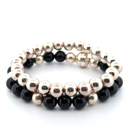 6.25” Milor Italy 925 Sterling Silver Onyx & Sterling Beaded Magnet Bracelets