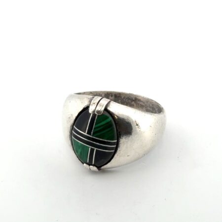 Size : 9.75 Native American 925 Sterling Silver Malachite & Onyx Inlay Ring 7.6g