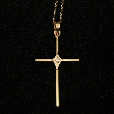 14k Yellow Gold Light Cable Chain w/ 14k Gold Pendant, Diamond Center, 1.5g