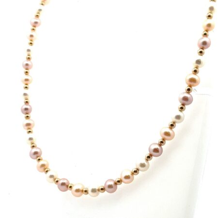 18” Cultured White & Pink Pearls Necklace w/ 10k Yellow Gold Beads w/ Box 14.1g