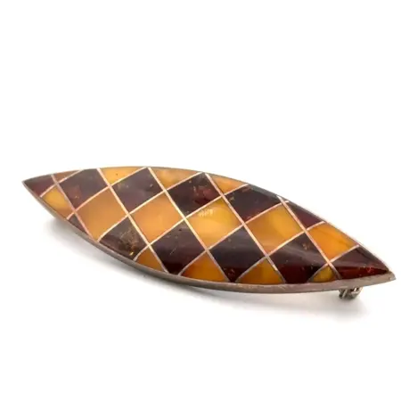 ATI Poland 925 Sterling Silver Natural Amber Chequered Pattern Brooch/Pin 9.5g