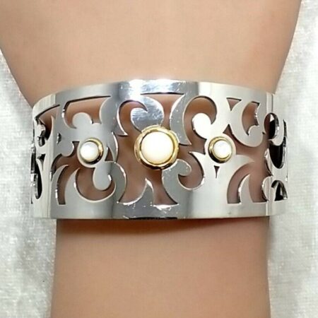 Stainless Steel 18K Yellow Gold Trim, Milor Italy, MOP Cuff Bracelet - 7" Wrist