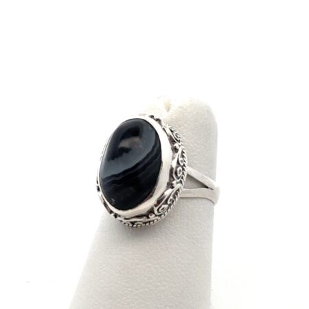 .925 Sterling Silver Black Banded Agate Ring, Size-4.75, 6.0g