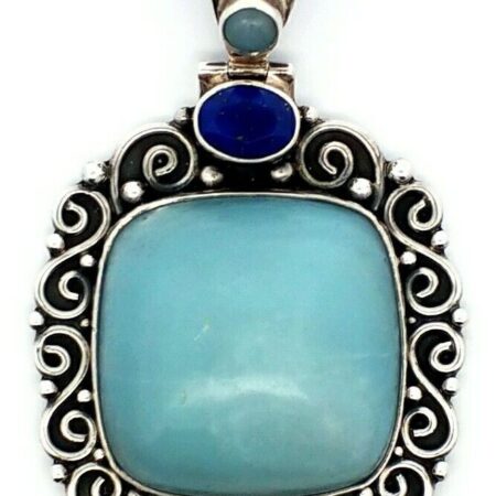 Vintage BA Suarti Bali 925 Silver Aqua Chalcedony Blue Faceted Lapis Pendant.