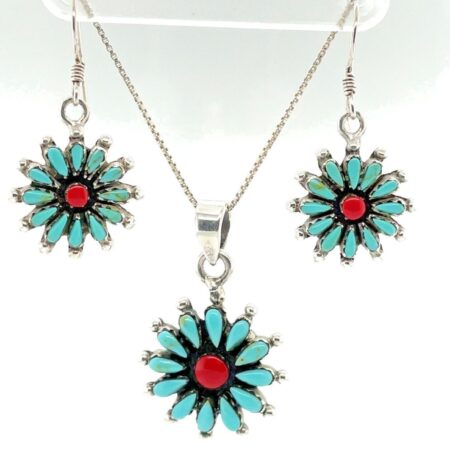 Sterling Silver, Turquoise and Red Coral Necklace and Earring Set